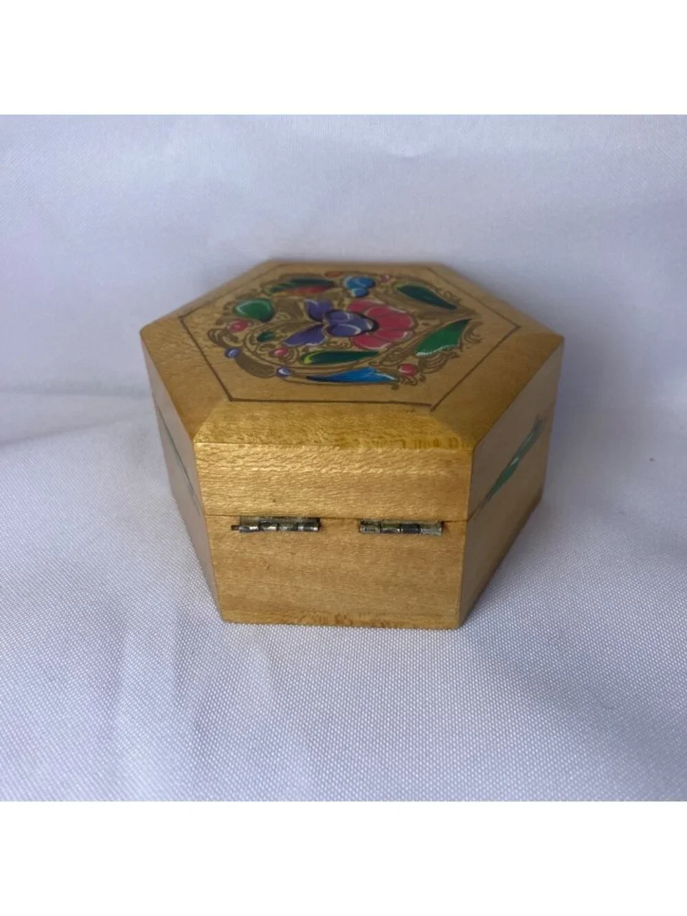 Vintage Polygon Shaped Wooden Trinket Box Painted Lacquer Floral Folk Art  1970s